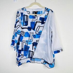 Ali Miles Gauzy Artsy Abstract Geometric Print 3/4 Sleeve Tunic Top White Size M